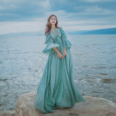 V-neck Buttons Back Flare Sleeve Women Cotton Linen Dress High Quality Bohemian Vocation Maxi Dress Vestidos Robe 2022 Summer