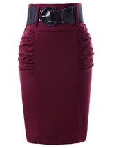 KK Women Shirred Detail ladies skirts pure color pleated design elegant High Stretch knee Pencil Skirt with Wide Belt falda