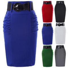 KK Women Shirred Detail ladies skirts pure color pleated design elegant High Stretch knee Pencil Skirt with Wide Belt falda