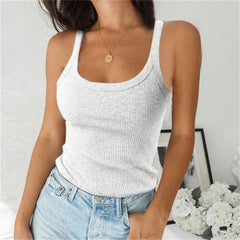 O Neck Summer Knit Top Sleeveless Women Sexy Basic T Shirt White Off Shoulder Ribbed Black Tank Top Casual