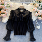 Spring Autumn New Temperament Fashion Blouse Women Sweet Fungus Chiffon Lantern Sleeve Stitching Slim Short Shirt UK977