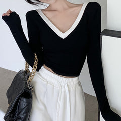 Y2KT-shirt Women's Short V-neck Plus Velvet Thick Long-sleeved Bottoming Shirt Autumn and Winter Sexy Tight Gray Top