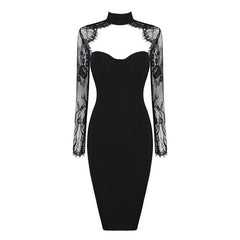 Lizakosht New Women's Bandage Dress Sexy V-Neck Lace Openwork Long-Sleeved Split Tight Dress Vestidos Sexy Embroidered Lace Bodycon Dress
