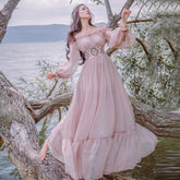 Brand New Women Fashion Dress Off Shoulder Lantern Sleeve Chiffon Long Dress Embroidery High Waist Boho Dress Vestidos