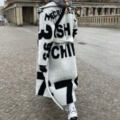 Autumn Winter Long Double Sided Print Tweed Coat Elegant Lapel Lace-up Fashion Cardigan Jacket Women Long Sleeve Loose Outerwear