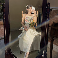 Vintage Floral Print Strap Dress Women Designer Elegant Sweet Lace-up Chiffon Fairy Midi Dress Holiday Beach Summer Dress