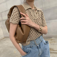 Korejpaa Women T-Shirt Summer Korean Chic French Retro Lapel Mesh Hollow Perspective Design Casual Short-Sleeved Sweater