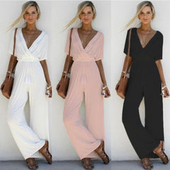 Women's Jumpsuit Sexy Cross Deep V Neck Half Sleeve Lace Up High Waist Wide Leg Pants Solid Elegant 2022 Summer Chic Jumpsuits