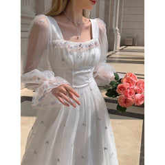 Autumn Spring White Mesh Fairy Dress Woman French Vintage Embroidery Floral Flare Sleeve Princess Prom Dresses Vestido Blanco