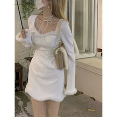 Christmas Party Women'S Dress Square Neck Long-Sleeved Plus Velvet Mini Dresses Elegant Dress For New Year 2022 Evening