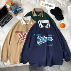 Oversized Hoodies Polo Collar Letter Printed Sweatshirt Womens Street Autumn 2021 New Lapel Loose All-match Blouse Clothes 2021