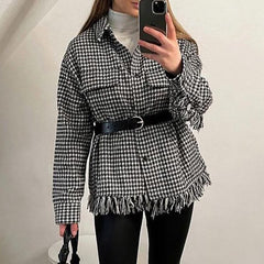 Lizakosht Jacket Women Fashion Plaid Chaquetas De Mujer Houndstooth Tassel Tweed Pockets Blazer Coat Vintage  Top Veste Femme