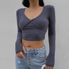 Lizakosht Summer sexy t shirt for women vintage long sleeve crop top white casual thumb hole top korean ribbed top cross seam tees v neck