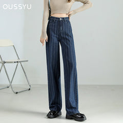 Stripe Jeans Straight Pants Loose High Waist Plus Size Women Casual Fashion Retro Cowboy Wide Leg Trousers 2022 New
