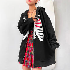 Ladies Hoodies Goth Hoodie Harajuku Woman Clothes Autumn Hooded Sweatshirts Loose Skull Printed Zip Long Sleeve Jacket Coat Top