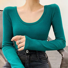All-match T-shirt 2022 autumn and winter round neck solid color bottoming shirt sexy clavicle slim top fashion women's clothing