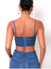 High Quality 2022 Summer Top Sexy Blue Bodycon Crop Top Lace Up Denim Top Short Vest Camisole Removeable Strap