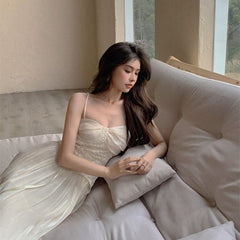 Elegant Camisole Dress Vintage Women Sexy High Waist Folds Fairy Strap Dress Evening Party 2022 Summer One Piece Dress Korean