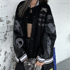 Splicing leather Bomber Jackets Women Coat Couple Baseball Jacket Autumn Unisex Boyfriend Style Varsity Hiphop Streetwear