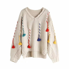 Autumn Winter Women's sweaters Europe Loose Tassel Pullover Sweater Deep V Neck Sweater Women