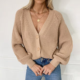 Spring Autumn Women's Cardigan European Style Solid Color V-neck Lantern Sleeve Knitted Cardigan New Button Cardigans GX274