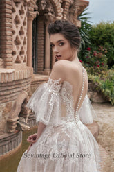 Sevintage 2021 Flare Sleeve Boho Wedding Dresses Lace Appliqued Illusion Scoop Beach Bridal Gowns A Line Abiti Da Sposa