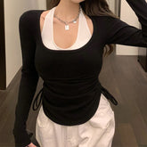 Casual all-match T-shirt 2022 spring and autumn long-sleeved slim fit two-piece set with chest pad top fashion women's clothing