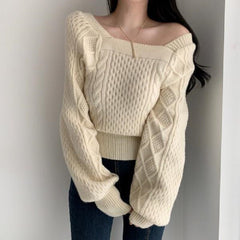 New Autumn Lazy Temperament Blouse Women's Square Collar Lantern Sleeve Twist Pullover Sweater Knit Bottoming Shirt DF621