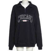 Dark Blue Letter Printing Zip Up Collar Sweatshirt Women Vintage Brand Fashion Oversized Loose Casual Streetwear New Long Sleeve