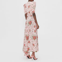 Lizakosht Pink Floral Dress Summer New French Bellflower Puff Sleeve Polyester Chiffon Ankle Print Long Dress Woman