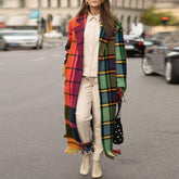 Vintage Plaid Print Patchwork Wool Jacket Overcoat Cardigan Women Fall Winter Fashion Elegant Turn-down Collar Long Top Outwear