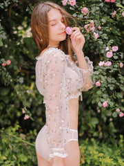 Women's Pajamas for Women Sexy White Lace Perspective Floral Embroidery Chiffon Tie Short Top Pajamas Sleepwear Pajama