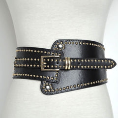 Pu Leather Black Rivet Asymmetrical Elastic Wide Belt Personality Women New Fashion All-match Autumn Winter