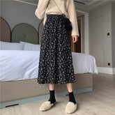 Vintage Floral Print A-line Pleated Long Skirts winter Women Korean Skirt Streetwear Drawstring Elastic Waist Midi Skirt lined
