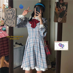 Lizakosht Women Japanese Harajuku Peter Pan Collar Bow Dress Female A-line Cute Lolita Dress Blue Plaid Ruffles Fairy Vestidos