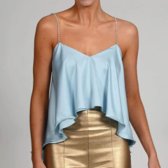 Crop Top Women 2021 Diamante Double Layered Stretchy Draped Satin Ruffle Irregular Sexy Shirt Summer Backless Blouse