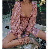 Lizakosht Spring Women Vintage Floral Print Mini Dress Sweet Ruffle Sexy Collar Puff Sleeve Dress Ladies Prairie Chic Vestido