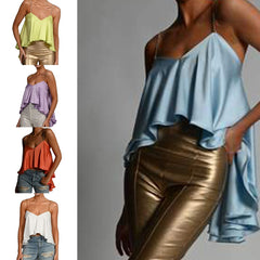 Crop Top Women 2021 Diamante Double Layered Stretchy Draped Satin Ruffle Irregular Sexy Shirt Summer Backless Blouse
