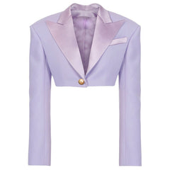 New Lavender Violet Short Blazer Women Autumn One-button Satin Collar Long Sleeve Short Suit Women's Blazers Jackets Top Quality