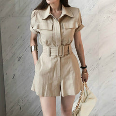 New Arrival Sheer Womens Casual Two Piece Set Singer Breasted Shirts with Pocket and Shorts Ladies OL Office Work Suit Set