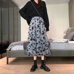 Neophil 2021 Summer Women Tulle Mesh Midi Skirts 3 Layers Floral Puffy Pleated High Waist Casual Fashion Skirt Saias Jupe S21305