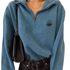 Autumn Winter Leisure Sweatshirt Women Solid Blue Elegant Turn Down Collar Pullover Tops Fashion Long Sleeve Loose Streetwear