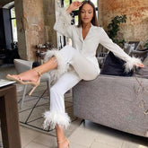 Lizakosht  2022 Casual Two Piece Pants Set For Women Black Fleece Fur Long Sleeve Top Shirt And Pantsuit Ladies Fashion Party Suit