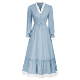 SD Women Renaissance Cotton Dress Puffed Long Sleeve V-Neck Flared A-Line Dress Women Vintage Solid Color Winter Dress Elegant