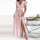 Lizakosht Sexy Pleated V Neck Lace Party Long Dresses Women Elegant Back Zipper Maxi Dress Ladies Sleeveless High Slit Long Dress Mujers