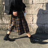 Vintage Plaid Pleated Long Skirts Winter Women Punk Rock Korean Woolen Skirt Streetwear Drawstring Elastic Waist Midi Skirt