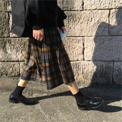 Vintage Plaid Pleated Long Skirts Winter Women Punk Rock Korean Woolen Skirt Streetwear Drawstring Elastic Waist Midi Skirt