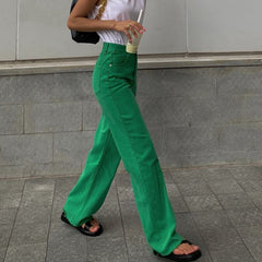 Candy Color High Waist Straight Wide Legs Pants Thin Jeans Women's Green Pants Denim Trousers Fashion Korean Women M8A