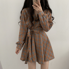 New Autumn Long Sleeve Dress Women Preppy Style Bow Palid V-neck Mini Plaid Dresses Korean High Waist Short Dress Elegant