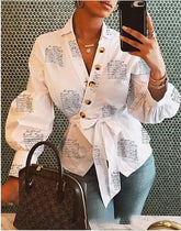 Blouse V Neck Lantern Long Sleeve with Sashes Button Print Shirt for Women Spring Summer Bluas Female Tops Elegant Office Casual